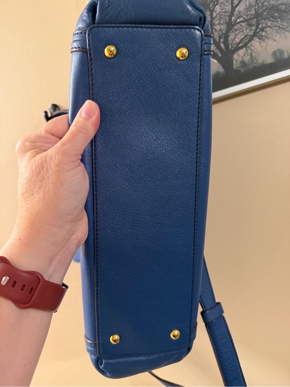 MCM Blue Leather Top-Handle Satchel Bag with Gold Hardware - Picture 7 of 15